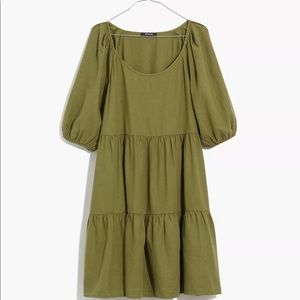 Madewell Olive Green Puff-Sleeve Mini Dress with Pockets (Medium)